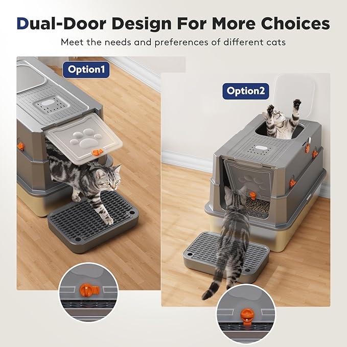 FURTIME Stainless Steel Litter Box with Lid, XL Extra Large Enclosed Cat Litter Box for Big Cats, Metal Cat Box with High Sided Enclosure & Scoop, Front & Top Entry, Odor Free, Anti-Leakage, Grey