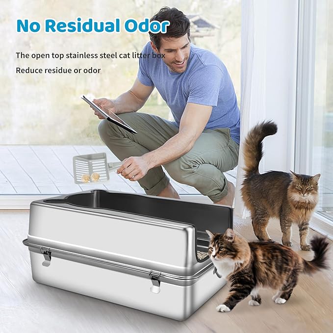 Extra Large Stainless Steel Cat Litter Box, 28" L x 19.7" W x 12" H XXXL Semi Enclosed Removable Metal Litter Tray with High Sided Enclosure, Scoop, Anti-Leakage, Non-Sticky, Easy Cleaning