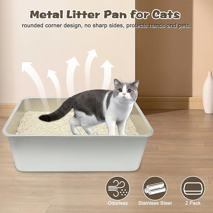 Rypet 2Packs Stainless Steel Litter Box Metal Litter Box for Cats High Back Litter Boxes Non-Stick Cat Poop Box，Easy to Clean(23.6"*15.8"*7.9")