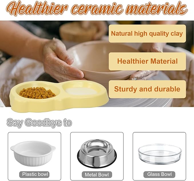 Ceramic Cat Food Water Bowl Set Double Dish Feeder Cat Dog Bowls No Spill Pet Feeding Bowls Keeping Pets from Black Chins for Cats Puppies Tiny Dogs