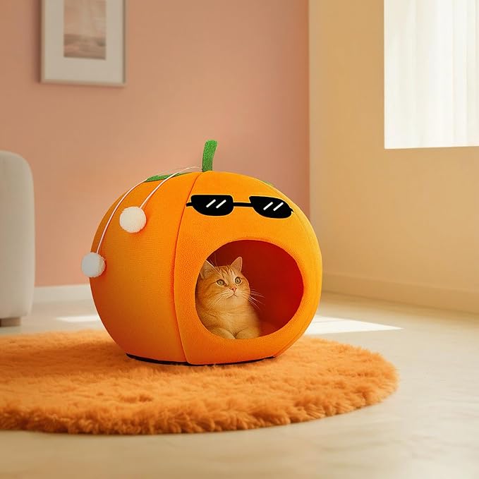 Cute Cat Beds for Indoor Cats, Small Dog Beds, Soft Washable Pet Beds for Kitten and Puppy, Funny Orange Cat Cave, 19 Inches