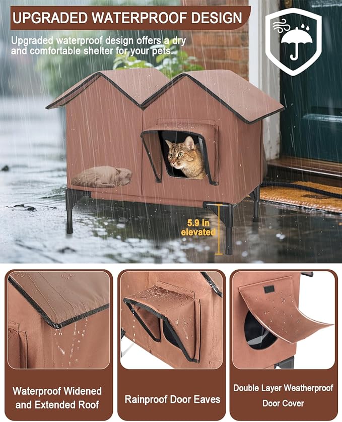 Heated Cat House for Outside, Large Elevated Waterproof Outdoor Cat House Weatherproof with Escape Doors and Heating Pad for Winter, Sturdy Insulated Outdoor Cat Shelter for Multiple Cats, Brown