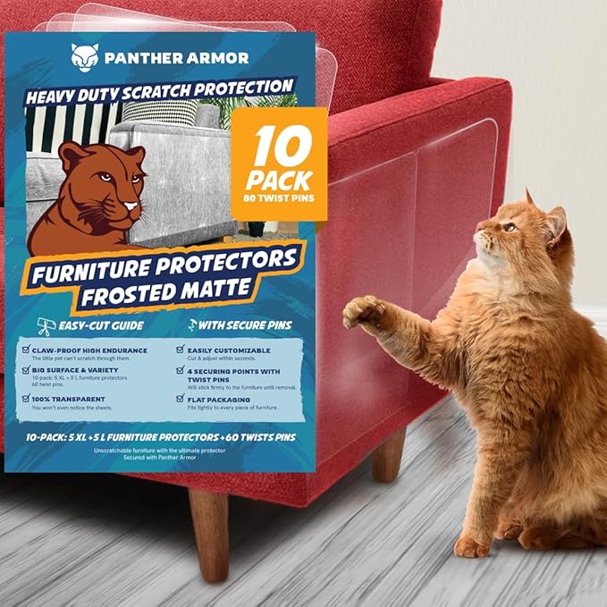 Panther Armor Cat Scratch Furniture Protectors in Frosted Matte, 10-Packs of Flat Sheets to Protect Sofa from Cats & Dogs Scratching, Heavy Duty Couch Covers for Pets, Couch Guards