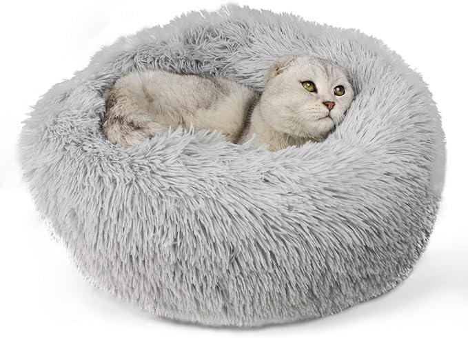 Cat Beds for Indoor Cats, Dog Bed, Cat Bed, Machine Washable, Fluffy Round Pet Bed Non-Slip, Autumn and Winter Warmth, Cuddler Cushion Self Warming (Grey, 20 inch)