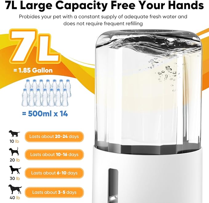 7L Automatic Dog Water Dispenser Bowl, Gravity Pet Water Dispenser with Stainless Steel Bowl, No Spilling Large Capacity Water Feeder for Dogs Cats (7L Without Filter Black)