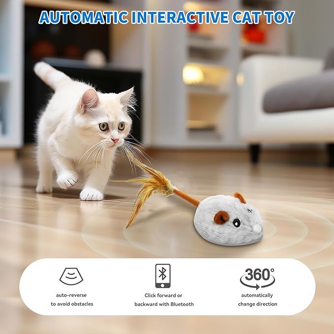 APP & Bluetooth Remote Control Cat Toy - Auto Moving, USB Rechargeable Interactive Mouse Toy for Indoor Cats - Gray