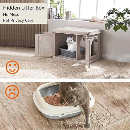 unipaws Cat Litter Box Enclosure Furniture, Hidden Litter Box Cover Washroom, Dog Proof Cabinet for Large Cat, Hideaway House, Weathered Grey