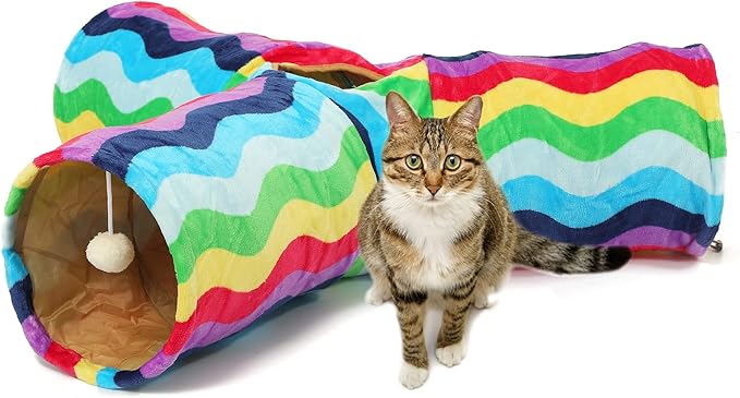 LUCKITTY Cat Tunnel - 3 Way-Shaped, Rainbow Wave Color, Soft Velvet Exterior, Oxford Fabric Fog-Proof Interior, Plush Toy Ball, Easily Washable, Conveniently Foldable