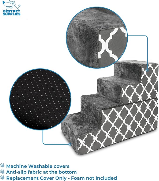 Best Pet Supplies Dog Stairs & Steps - Foam Steps for Small Dogs & Cats, Non-Slip Indoor Balanced Pet Step Support, Dog Ramp, No Assembly, Gray Lattice Print, Foldable 4-Step (22-inch Height)
