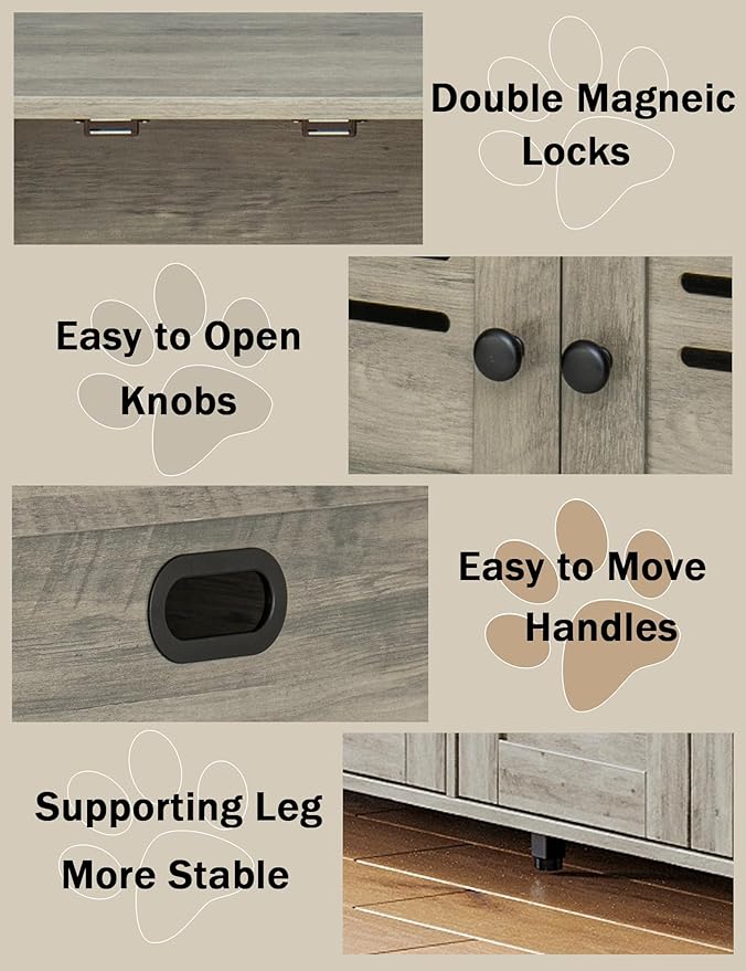 DINZI LVJ Litter Box Enclosure for 2 Cats, Hidden Litter Box Furniture with Double Rooms, Dual Cat Litter House, Front Doors, 47.2" Wooden Hidden Cat Washroom, Side End Table, TV Stand, Gray Wash