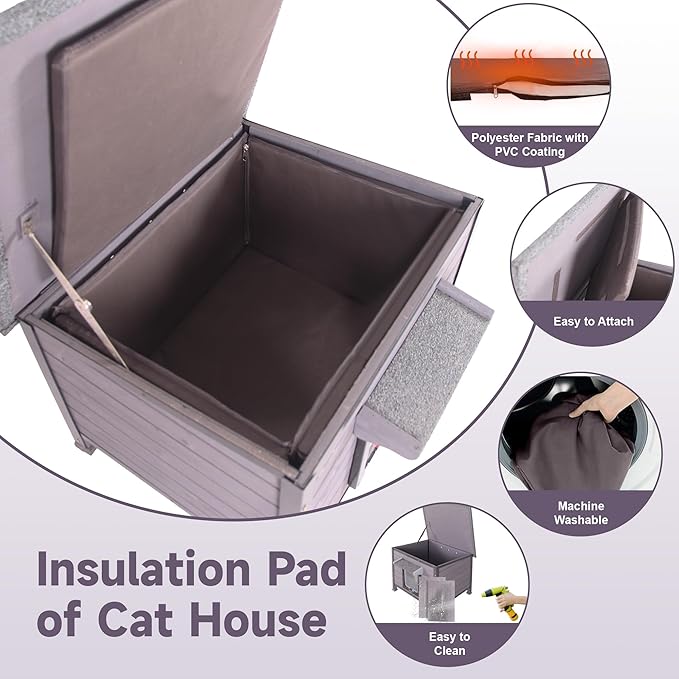 Insulated Cat House Outdoor, Wooden Feral Cat Shelter Weatherproof with Thickened Insulated Liner Keep Warm in Winter for Intdoor Cats, Dogs