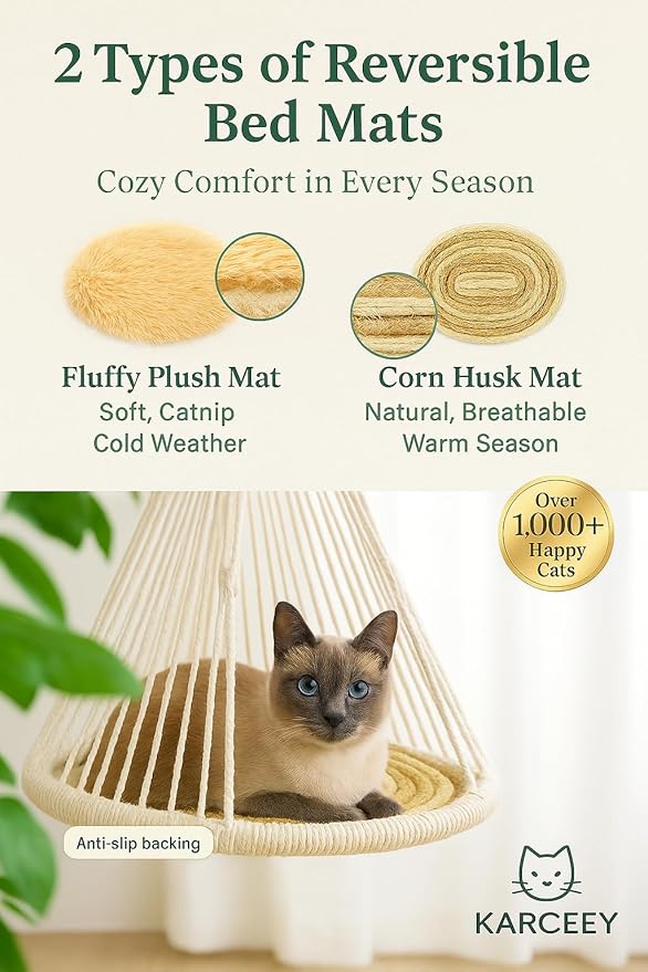KARCEEY Hanging Cat Bed Macrame Cat Hammock Window Perch with Catnip Mat for Wall Window Indoor/Outdoor