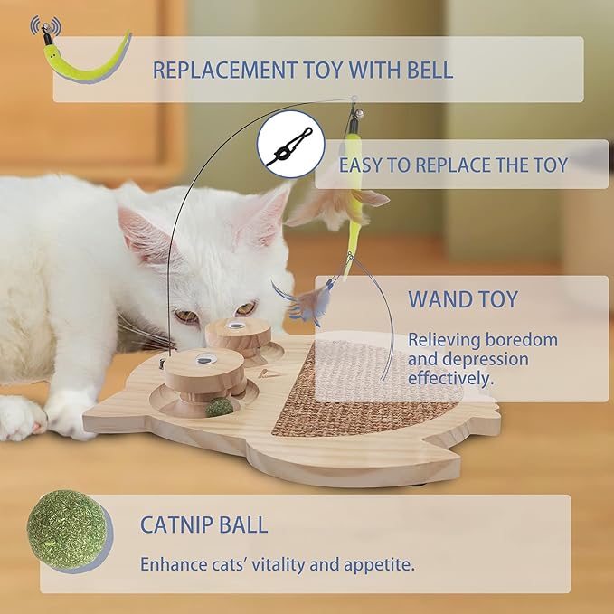 Petest Interactive Cat Toy Natural Sisal Cat Scratcher Toy with Catnip Balls, Owl Design