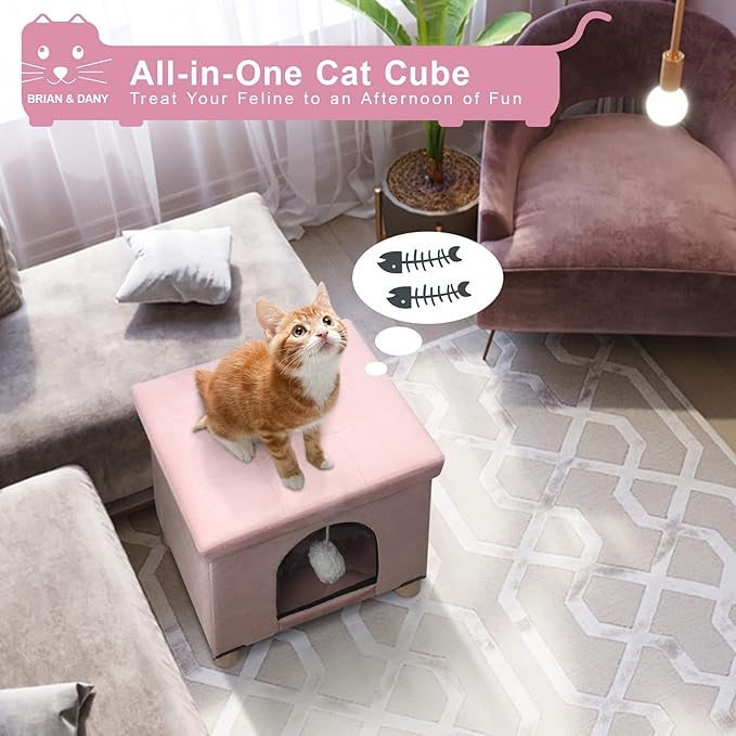 BRIAN & DANY Cat House for Indoor Cats, Cat Cave Bed for Pet, Cat Cube with Cat Scratch Board & Cat Ball, 14.7" x 14.1” x 12.7”, Pink