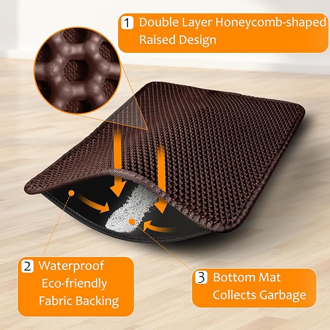 22"x30" Cat Litter Mat, EVA & Fabric Double Layer Design Waterproof Bottom Cat Litter Mat, Anti-slip Litter Box Mat, Easy To Catch Pet Litter, Easier To Clean, Washable, Soft on Paws, Brown