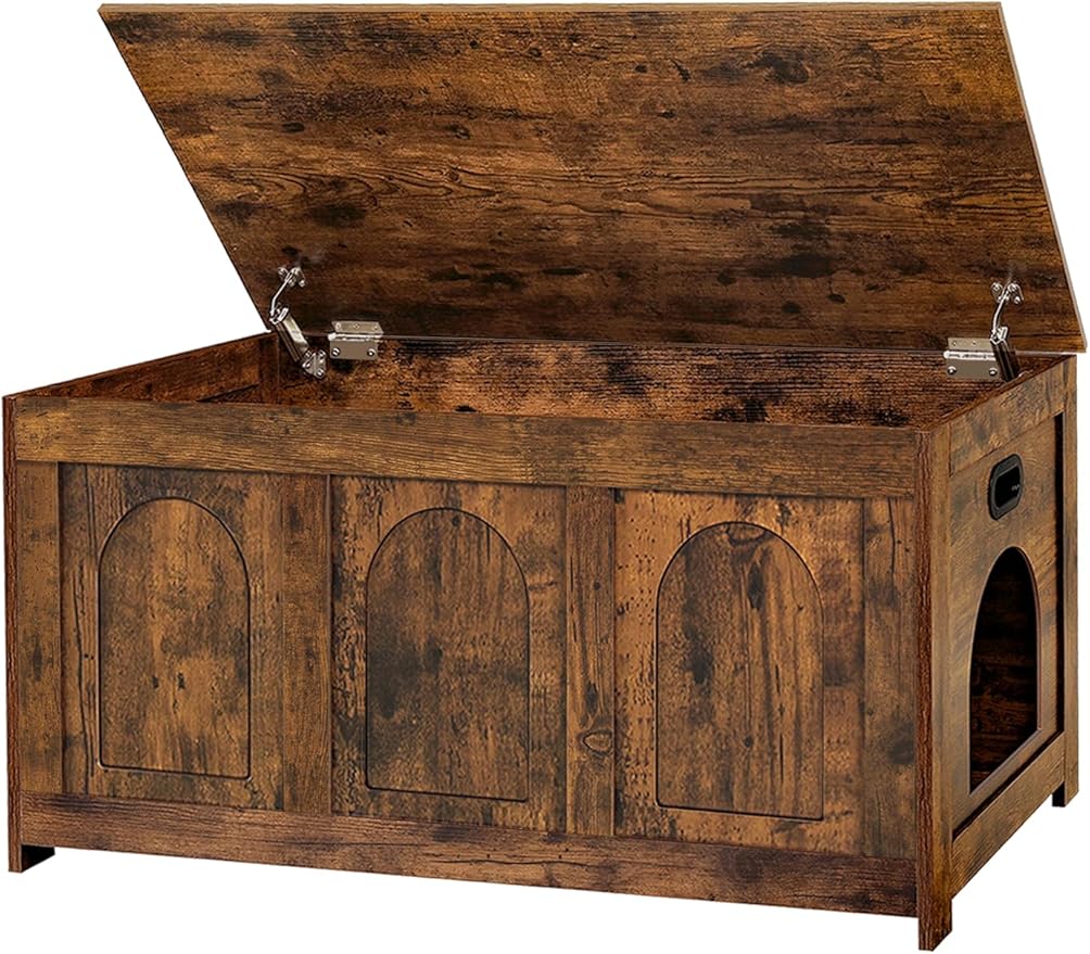 DINZI LVJ Cat Litter Box Enclosure, Flip Top Litter Box Furniture, Farmhouse Hidden Cat Washroom, Wooden Pet House, End Side Table, 39.4"L x 19.7"W x 19.7"H, Sturdy and Easy to Assemble, Rustic Brown