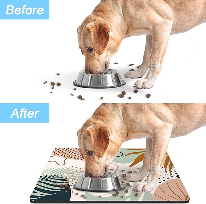 Rnivvi Dog Food Mat, 12" x 19" Boho Absorbent Dog Cat Bowl Mat for Food and Water, 3MM Anti-Slip Rubber Pet Feeding Rug Protect Floors, Puppy Placemat for Feeding & Watering Supplies, Tropical Leaves