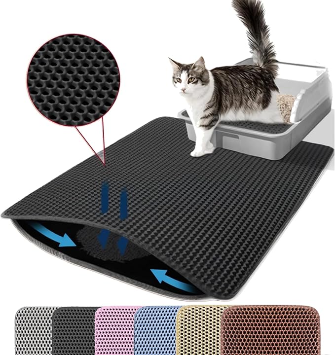 Extra Large Cat Litter Mat, 30x22 Inches Honeycomb Double Layer Cat Litter Trapping Mat, Non Slip Waterproof Urine Proof Large Kitty Litter Box Mat for Floor, Kitten Supplies, XL, Black