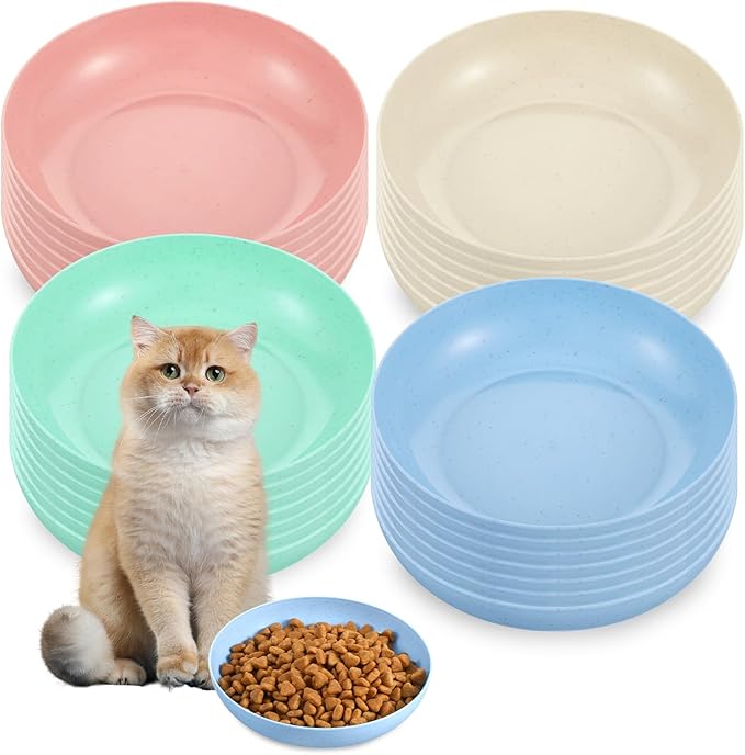 28 Pcs Whisker Fatigue Relief Cat Bowl, Shallow Wide Food Dish Cat Feeding Bowl for Kittens Ferrets, 5.5 Inch Wheat Straw, 4 Colors