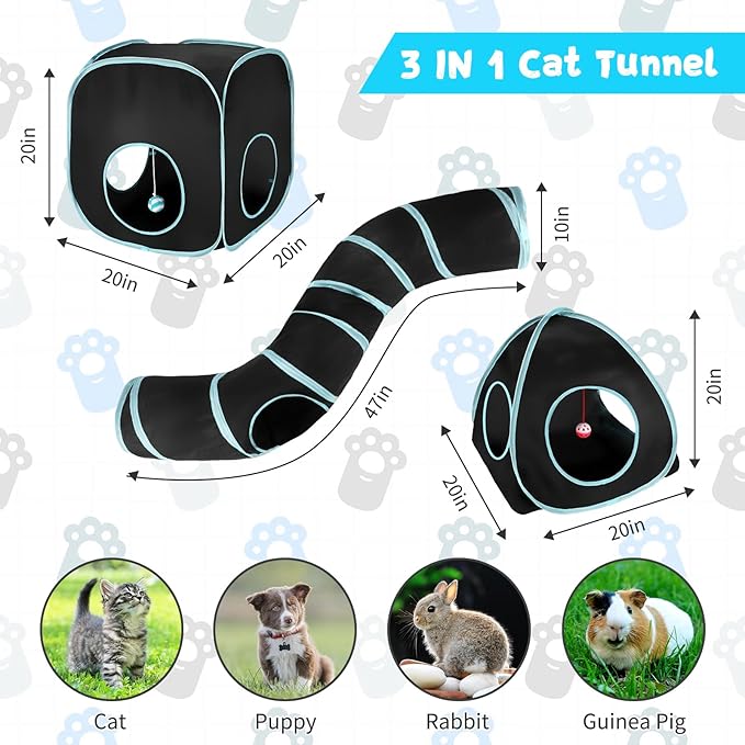 Rypet Cat Tunnels for Indoor Cats with Cube Tent, Interactive Collapsible Cat Tube and Foldable Cubes Playground for Hiding Hunting and Resting, Pet Tube with Bell for Kitten, Rabbit, Puppy, Ferret