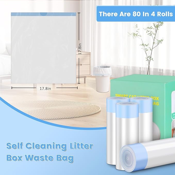 80 Count Cat Litter Bags, Self Cleaning Litter Box Liners, 18.2 x 18.2 inches Replacement Drawstring Bags Fit for Automatic Robot Box (80 Counts/4 Rolls）