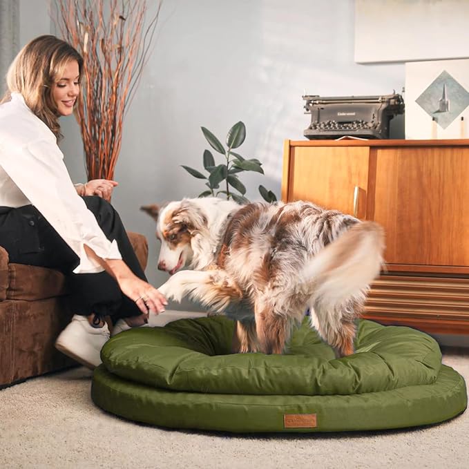 ClevaHome Orthopedic Dog Bed for Large Dogs, Dual Layer Water Repellent Round Pet Bed with Washable Cover Nonslip Bottom (Olive Branch)