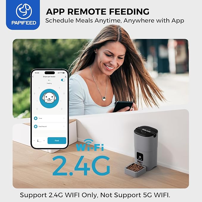PAPIFEED Automatic Cat Feeder Upgrade, WiFi Pet Feeder with APP Control for Remote Feeding, Detachable for Easy Clean, Dual Power Supply,1-10 Meals Per Day for Multiple Pets(Gray)