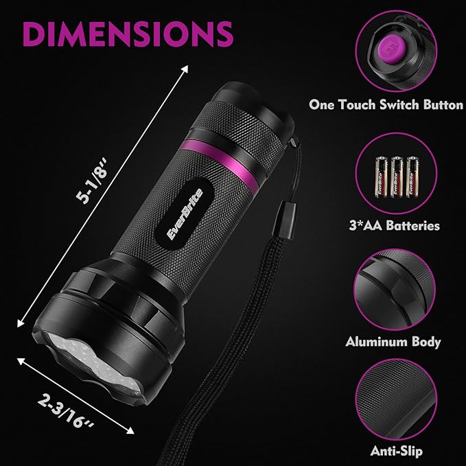 EverBrite UV Flashlight, 51 LED Blacklight Flashlights, 395nm Black Light Flashlight for Pet Urine Detection, Scorpions, Dry Stains, Bed Bug (Batteries Included)