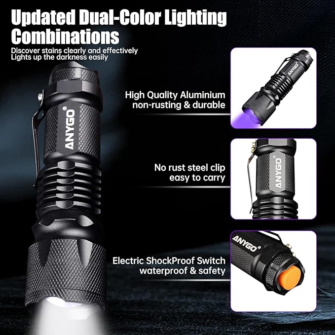 2-in-1 Black Light & White LED Flashlight, 395 nM UV Flashlight with Clip, 500Lm White LED Zoomable Tactical Flashlight, 4 Modes, IP55, UV Black Light for Pet Urine Detection, Resin Curing & Scorpions
