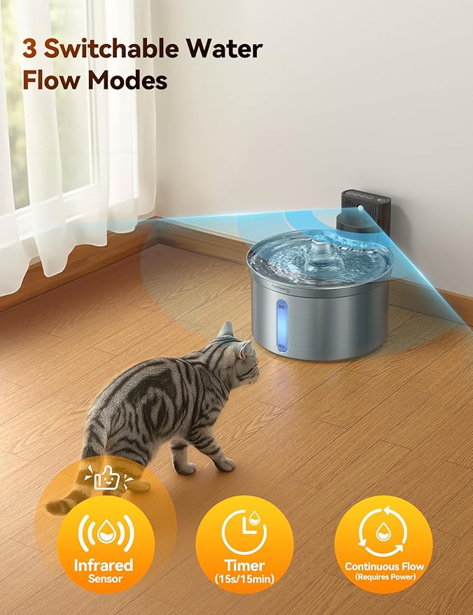 Cordless Cat Water Fountain Stainless Steel with Motion Sensor, Water-Battery Separation Safety Design,4000mAh Battery Operated Cat Water Dispenser for Cats Dogs, 3.5L/118oz - [FN-W19]