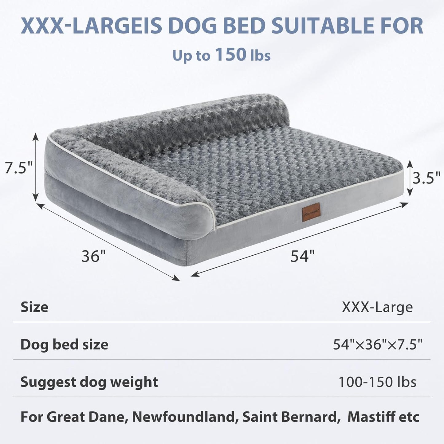 BFPETHOME Orthopedic Dog Bed for Extra Large Dogs-Big Waterproof Sofa Dog Bed with Removable Washable Cover, Large Pet Bed with Waterproof Lining and Nonskid Bottom,Pet Bed for Large Dogs, Grey