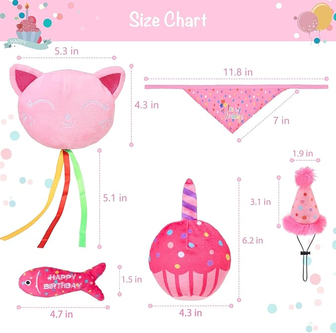BINGPET Catnip Toys for Indoor Cats, Cat Birthday Hat and Interactive Plush Kitten Chew Toys - Cute Cake, Fish, Balloon Toys with Crinkle Paper and Catnip Inside Pink