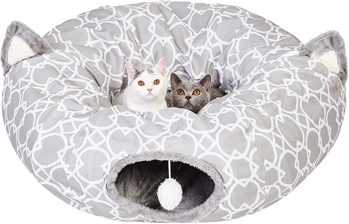 LUCKITTY Geometric Cat Tunnel Bed Oxford Outside with Plush Inside,Cats Toys Collapsible Tunnel Tube with Balls, for Rabbits, Kittens, Ferrets,Puppy 3FT