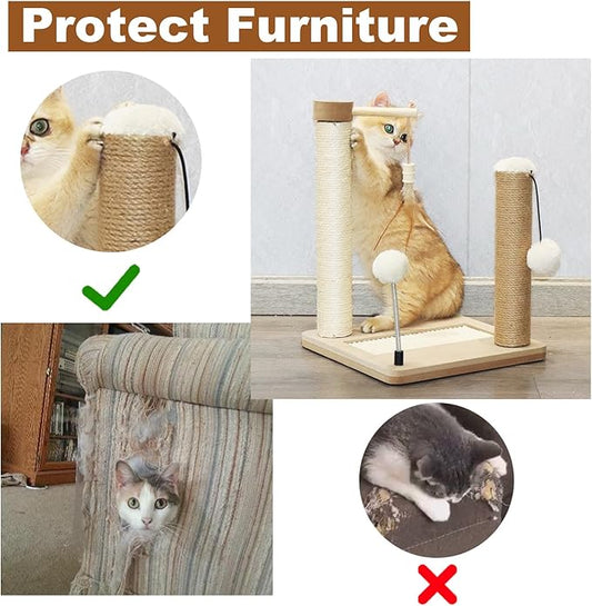 PAWSFANS Small Cat Scratching Post Toys,Sisal Jute 2 Scratch Posts for Kittens and Cats,Hanging Ball with Feather Spring Ball 16inches Beige