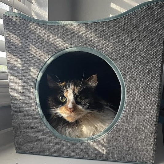 Jongee Cat Cube House Foldable Cat Condo with Reversible Cushion ＆ Scratch Pad for Small Cats, Gray, 13”×13”×15”