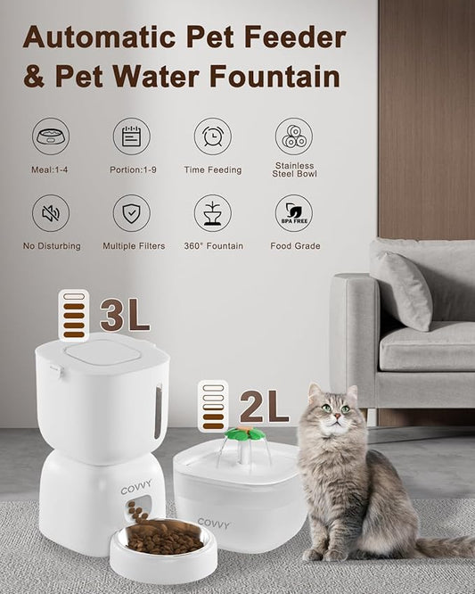 Automatic Pet Feeder and Water Dispenser, LCD Screen Timer for Cats & Dogs, Locking Lid, 1-4 Meal Portions, Dual Power, Voice Recorder