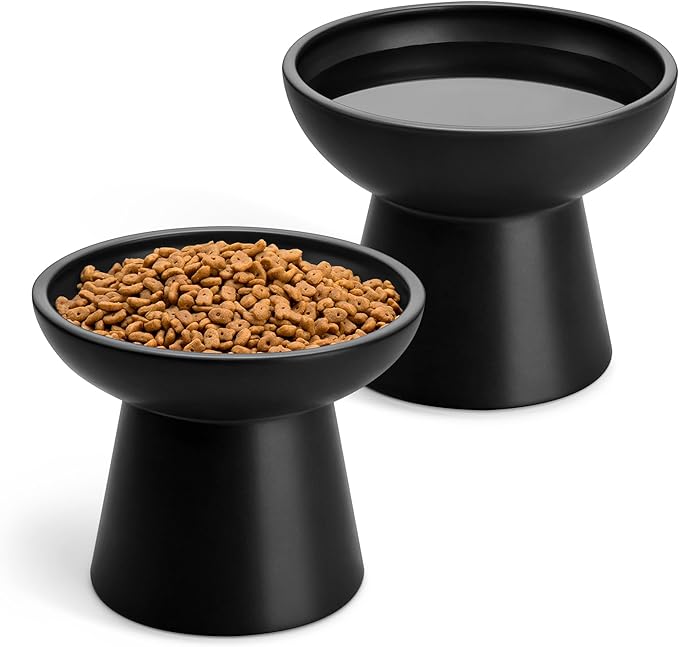 vancasso Ceramic Elevated Cat Bowls 2-Pack - 6.2" Extra Wide Raised Cat Food & Water Dishes, 5.1" Optimal Height Anti-Whisker Fatigue Shallow Bowls for Cats/Kittens/Dogs, Lead & Cadmium Free (Black)