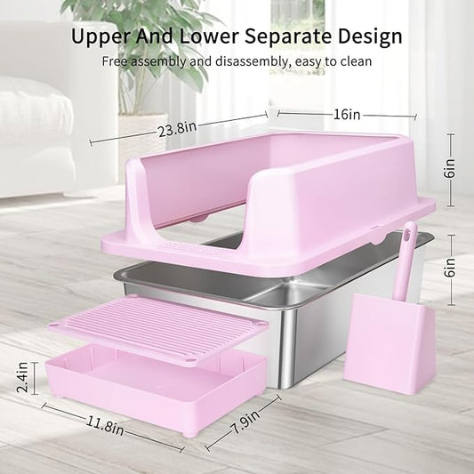 RIZZARI Large Stainless Steel Cat Litter Box: Open Top Leak-Proof Large Cat Pan - Odor Control for Indoor Multi-Cat Homes (Light Pink, 23.8" L*16" W*12" H)