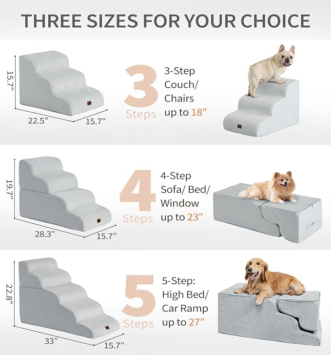 Made4Pets Dog Stairs Ramp for High Bed, 5-Step Pet Stairs for Bed Couch Sofa Climbing, 35D Foam Pet Steps for Small Dogs and Cats, Non-Slip Bottom Dog Steps, Light Grey