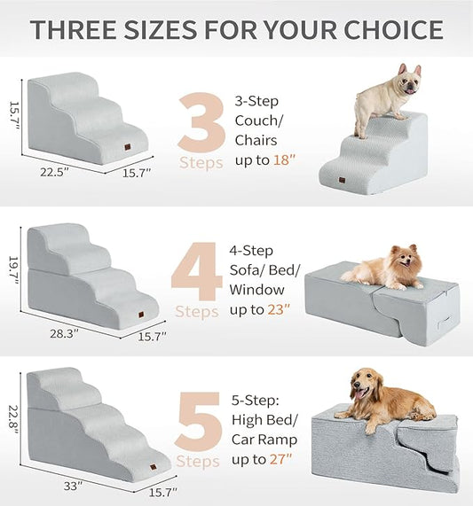 Made4Pets Dog Stairs Ramp for High Bed, 5-Step Pet Stairs for Bed Couch Sofa Climbing, 35D Foam Pet Steps for Small Dogs and Cats, Non-Slip Bottom Dog Steps, Light Grey