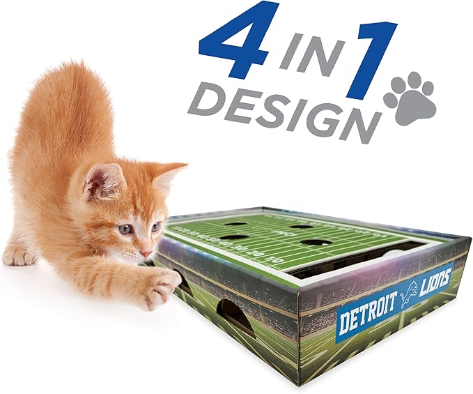 NFL Detroit Lions Football Stadium Cat Scratcher - Game Day Cat Toy with Jingle Bell Balls - NFL Football Field Felt Scratcher & Lounge