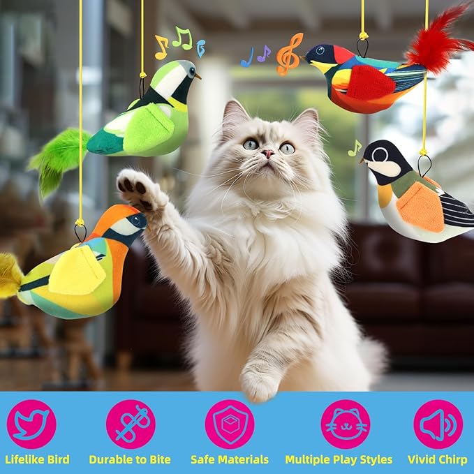 4PCS Interactive Hanging Bird Cat Toys Set - with Catnip, Realistic Chirping, Lifelike Birdie Tweets, Durable & Safe, Indoor Kitty Kitten Exercise Toys (Mini)