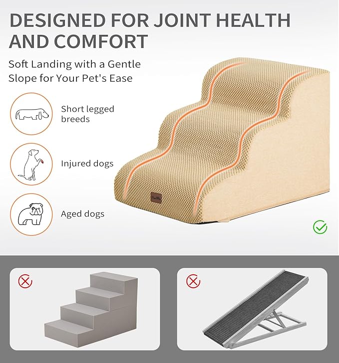 Made4Pets Dog Stairs Ramp for Small Dogs, 3-Step Dog Steps for Bed Couch Sofa and Chair, 35D Foam Pet Steps for Small Dogs and Cats, Non-Slip Bottom Pet Stairs, Tan