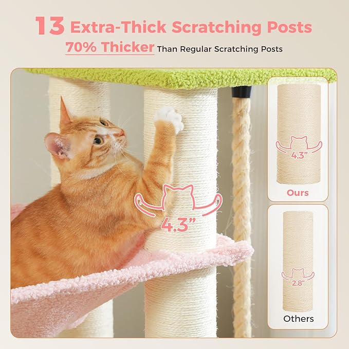 Pink Cat Tree for Large Cats 20 lbs, 67-Inch Tall Heavy Duty Cat Tower with 13 Thick Sisal Scratching Posts (φ4.3), Maine Coon Cat Tree for Indoor Cats, 2 Platforms, 3 Hammocks, Perch, Condo