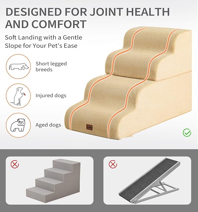 Made4Pets Dog Stairs Ramp for Bed, 4-Step Dog Steps for High Bed Couch Sofa Climbing, 35D Foam Pet Steps for Small Dogs and Cats, Non-Slip Bottom Pet Stairs, Tan