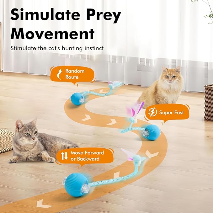 3 Packs Speed Tail 2.0 Interactive Cat Toys for Indoor Cats, Automatic Moving Cat Toy with Elastic Mesh Tail, Rechargeable Cats Ball for Enrichment Exercise