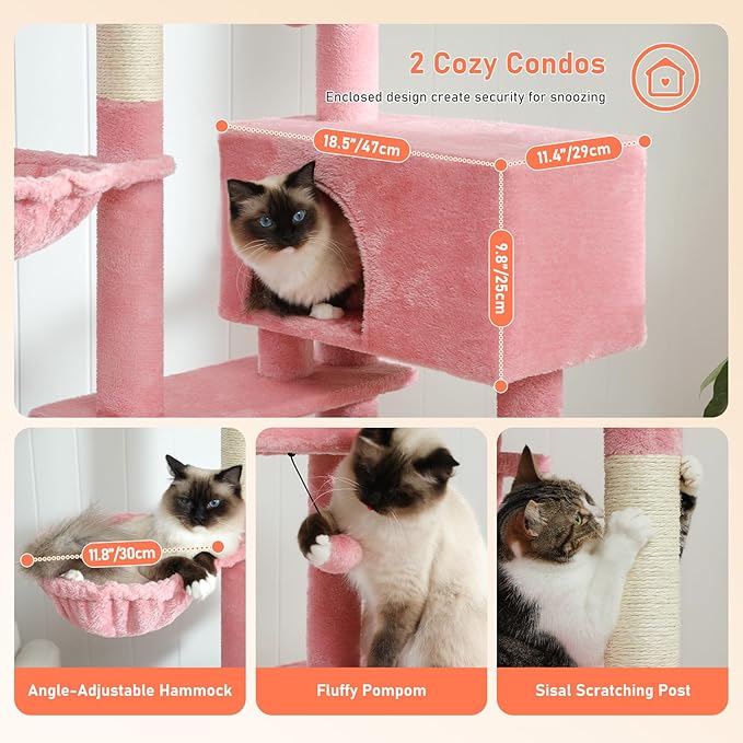 Pink Cat Tree for Indoor Cats, 2 Cozy Condos with Spacious Top Perch, 56.3-Inch Multi-Level Cat Tower with Scratching Posts, 2 Caves, Plush Hammock and Climbing Ramp