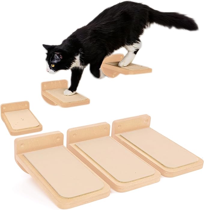 INICIO Cat Wall Stairs, Natural Wood - Set of 3 Wall Steps for Cats to Climb with Fixtures, 9.3"x4.7" - Floating Steps for Climbing or Playing - for Kittens and Adult Cats
