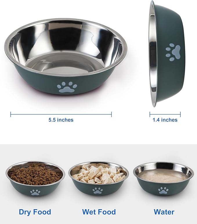 6 PCS Stainless Steel Cat Bowls, Non-Slip Stainless Cat Food Bowl Metal Cats Dishes Whisker Fatigue Kitten Plates Shallow Wide Kitten Bowls, 5.5” Whisker Friendly Feline Food Dish (Green 6 PCS)