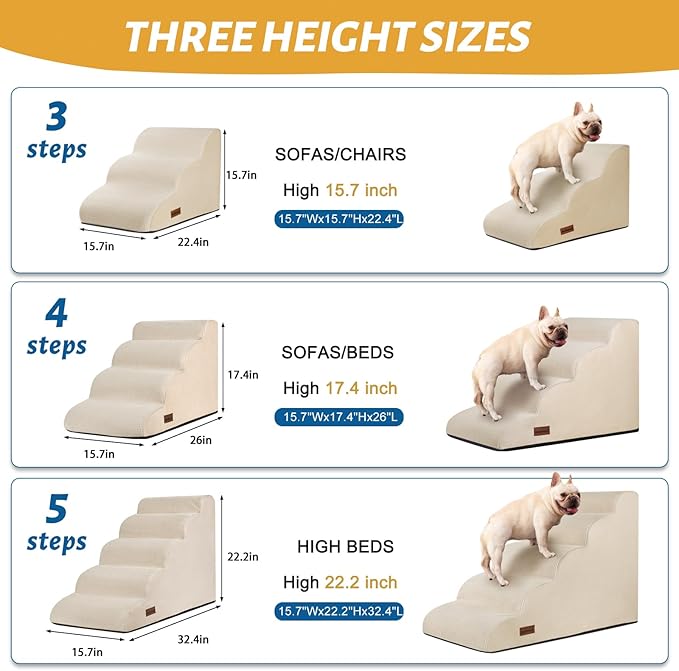 5-Step Dog Stairs and Ramp for High Bed,Non-Slip Sturdy Pet Steps for Small Dogs and Cats,22.2" H,Beige